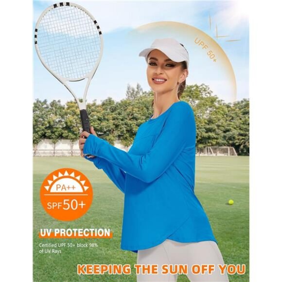 Workout Shirts Long Sleeve Running Tops with Watching Window UPF 50+ Sun Shirts - Picture 2 of 6